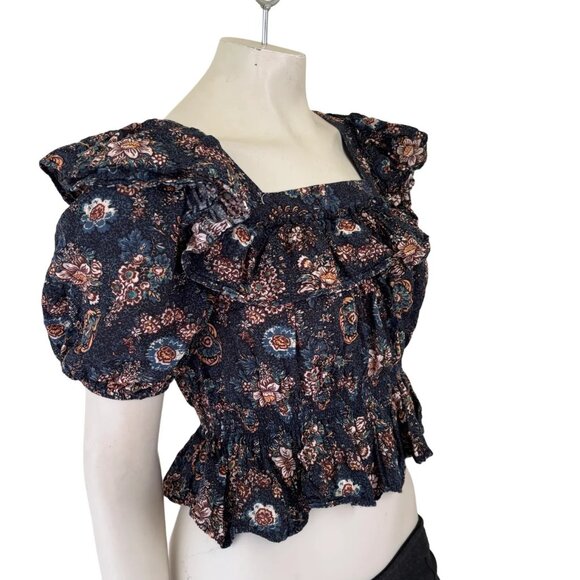 ULLA JOHNSON Warner Floral Ruffle Puff-Sleeve Peplum Blouse in Twilight SZ 2 - Picture 6 of 13